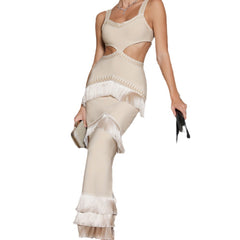 Knitted camisole bandage dress with layered tassel design revealing waist and sexy long skirt