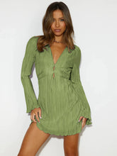 Elegant Women Dress Solid Color Flare Sleeves High Waist Long Sleeves A-line Skirt Simple Slim Fit Lace-up Dress