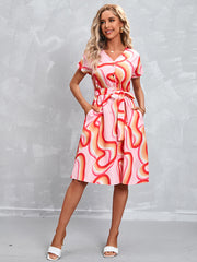 Hot Sale Printed Tie Short Sleeve Dress
