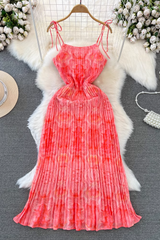 Vestido playero de estilo resort costero, largo medio, corte A, plisado, estampado, con tirantes