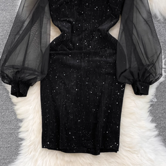 V-Ausschnitt Mesh Laterne Langarm Patchwork A-Linie Paillettenkleid