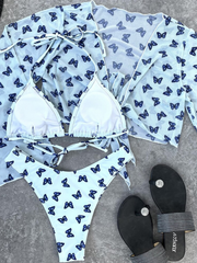 Conjunto de bikini de tres piezas de manga larga con estampado de mariposas