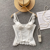 Camisole Damen Top aus Netzstoff mit Spitzennähten und Fischgrätenmuster