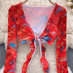 Top con mangas abullonadas y estampado floral, falda de ombligo de sección corta para mujer, traje de dos piezas de verano