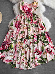 Ärmelloses, rückenfreies, bedrucktes A-Linien-Kleid im Retro-Sommerstil