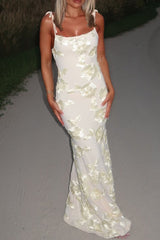 Spaghetti Strap Floral Jacquard Bodycon Party Maxi Dresses - Beige