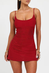 Rhinestone Round Neck Spaghetti Strap Cutout Mini Dresses - Red