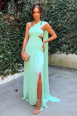 One Shoulder Sash Cutout Slit Ruched Gowns Maxi Dresses - MintGreen