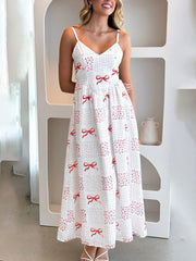 V-neck waist holiday backless bow print dress