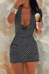 Polka Dot Print Plunge Neck Bodycon Halter Mini Dresses - Black