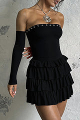 Eyelet Trim Strapless Layered Ruffled Mini Dresses Oversleeves Set - Black