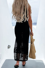 White Crochet Sleeveless Crop Top Hollow Out High Slit Midi Skirt Matching Set