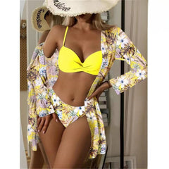 Multicolor Three Pieces Printed Cover Up Bikini For Women