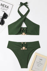 Crossover Cut Out Halter Neck Metal Decor High Waist Bikini Two - Piece Set Swimsuit