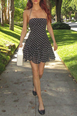 Polka Dot Print Cinch Waist Halter Mini Dresses - Black Pre Order