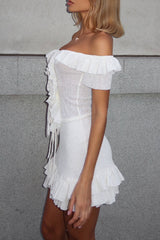 Tie Up Ruffled Off Shoulder Slim Fit Knit Mini Dresses - Yellow Pre Order
