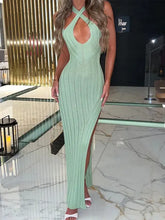Solid Color Ribbed Knitted Maxi Dress Women Sleeveless Hollow Out High Split Slim Dresses Lady Party Club Vestido