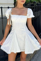 Square Neck Puff Sleeve Striped Godets Mini Dresses - White