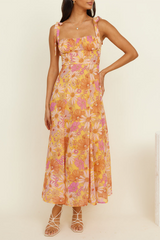 Floral Print Boat Neckline Tie Up Wide Strap A - Line Midi Dresses - Orange