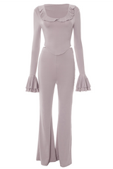 Ruffled Flare Sleeve Crop Top Solid Color Pants Matching Set - Thistle