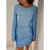 Neck Elegant Flare Sleeve Blue Sequins Party High Street Mini Straight Women Glitter Dress