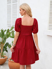 Dot Smocked Square Neck Dress