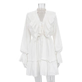 V-neck pleated flared sleeves with ruffled edges, white dress with women's design feeling fluffy skirt