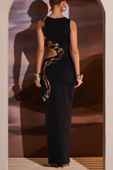 Snake Pattern Cutout Slit Side Slim Fit Maxi Tank Dresses - Black