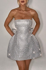 Glittering Bow Decor Tube A - Line Party Mini Dresses - Silver