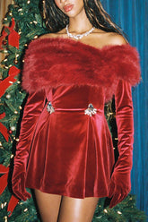 Off Shoulder Fuzzy Wrapped Rhinestone Pleated Party Velvet Mini Dresses - Red