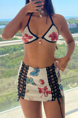 Vacay Floral Print Halter Bikini Top Lace Up Mini Skirt 2pcs Set - Beige