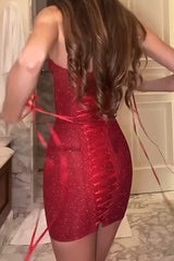 Sweetheart Neckline Strapless Back Lace Up Bodycon Mini Dresses - Red