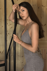 Hollow Knit Out Cinch Waist Backless Halter Mini Dresses - Brown