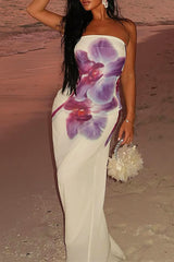 Floral Print Boat Neck Strapless Maxi Dresses - Beige