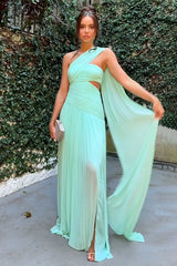 One Shoulder Sash Cutout Slit Ruched Gowns Maxi Dresses - MintGreen