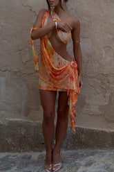 Pattern Print Cutout Ruffled Irregular Mini Dresses - Orange