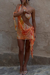 Pattern Print Cutout Ruffled Irregular Mini Dresses - Orange