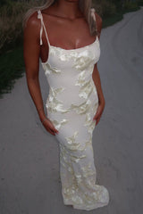 Spaghetti Strap Floral Jacquard Bodycon Party Maxi Dresses - Beige