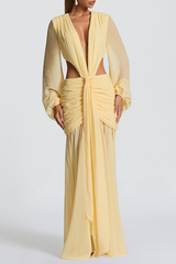 Deep V Neck Lantern Sleeve Cutout Ruched See Through Maxi Dresses - Yellow