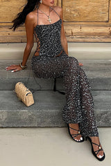 Sequin Halter Lace Up Crop Top Straight Leg Pants 2pcs Set - Black Pre Order