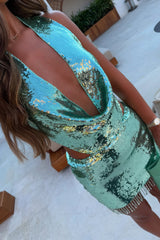 Sequin Halterneck Cutout Bodycon Fringed Mini Dresses - Green