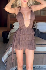 Halter Plunge Neck Layered Ruffled Hem Mini Dresses - Brown Pre Order