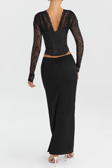 Lace Patchwork Long Sleeve Corset Slim Fit Maxi Skirt Matching Set - Black