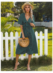 Polka-dot deep v-neck hollow short-sleeved bow sexy dress