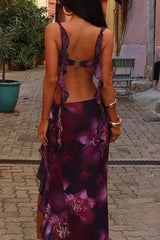 Ruffled Crop Cami Floral Print Slit Maxi Skirt 2pcs Set - Purple