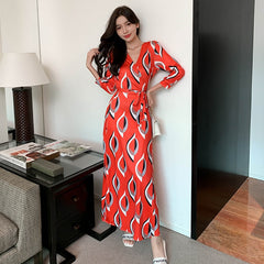 Red wrap dress, waist slimming, elegant one-piece dress, long skirt