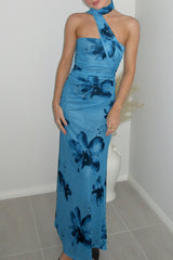 Floral Print Slim Fit Strapless Maxi Dresses - Blue