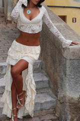 Lace Flare Sleeve Crop Top Ruffled High - Low Maxi Skirt 2pcs Set - Ivory