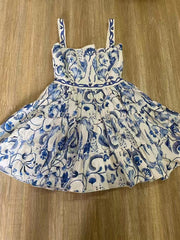 Strapless camisole retro blue print waist cinching short skirt dress