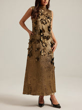 Three dimensional flower splicing sleeveless waist cinched A-line skirt long dress